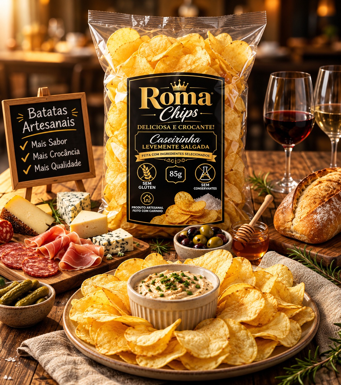 Embalagem Roma Chips de 85 gramas com batatas chips